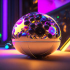 Colorful spherical aquarium with exotic flowers in futuristic neon-lit room