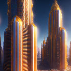 Futuristic cityscape with sleek skyscrapers in orange light