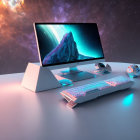 Backlit Keyboard, Mouse, Speakers, & Mountain Wallpaper Monitor in Cosmic Setting