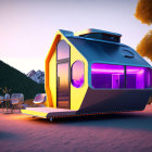 Futuristic tiny house with neon lights in desert landscape