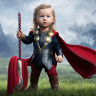 Toddler in superhero costume with red cape, candy-cane staff, and small hammer