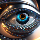 Detailed artistic rendering of blue iris eye with metallic structures and crystals