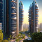 Futuristic cityscape with tall, sleek skyscrapers and lush greenery at dusk