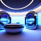 Futuristic Bar Design: Glowing Blue Lights, Curved Structures & Reflective Surfaces