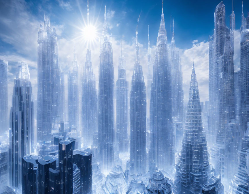 Futuristic cityscape with towering skyscrapers and bright sun