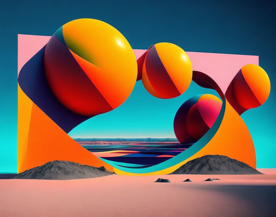 Colorful swirling shapes and spheres in 3D desert landscape