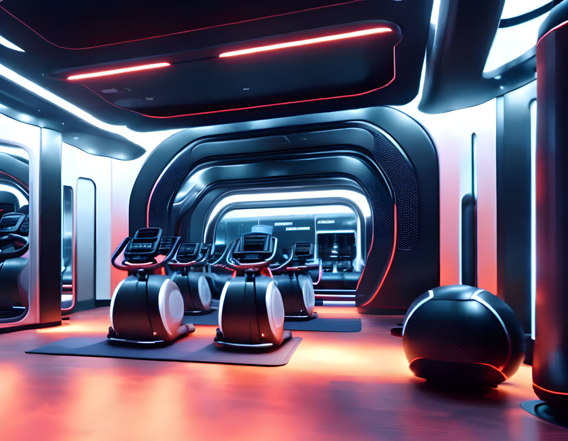 Modern Gym with Neon Lighting and Futuristic Equipment