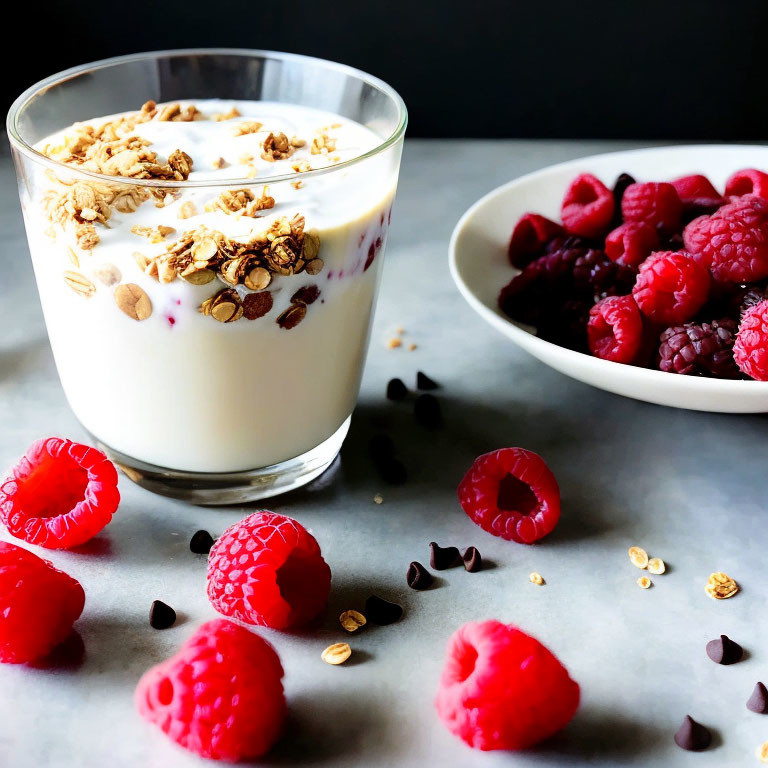 Yogurt with Granola, Raspberries, and Chocolate Chips on Marble