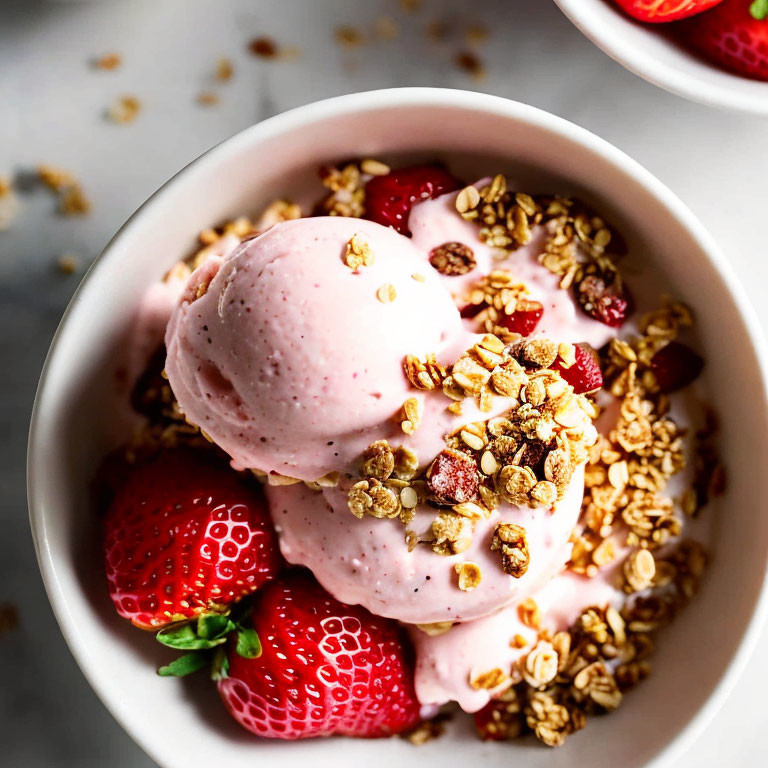 Delicious Strawberry Ice Cream with Fresh Strawberries and Granola