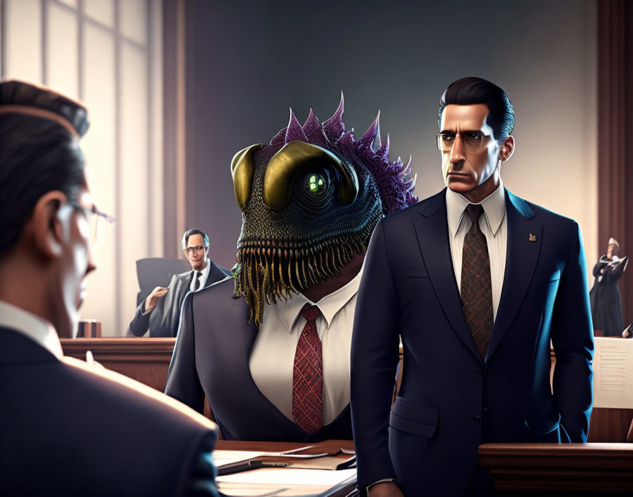 Surreal courtroom scene with reptilian-headed figure, lawyer, and witness in formal attire