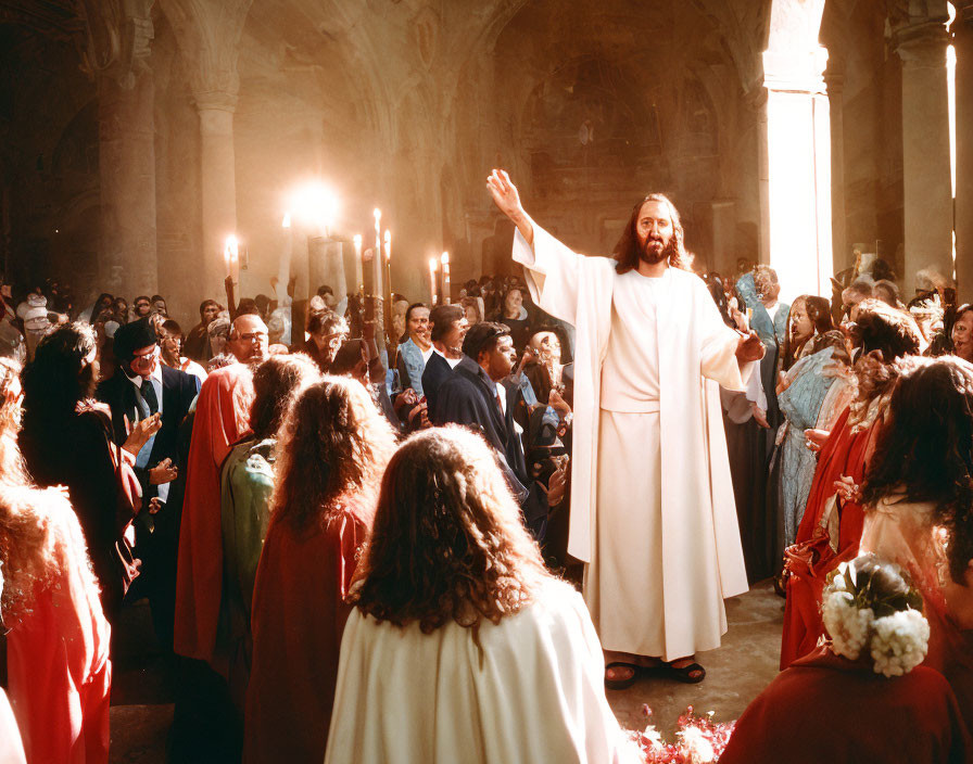 Diverse crowd around man as Jesus in church setting