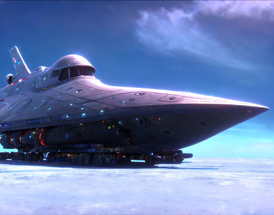 Futuristic spaceship with glowing engines on platform in blue cloudy sky