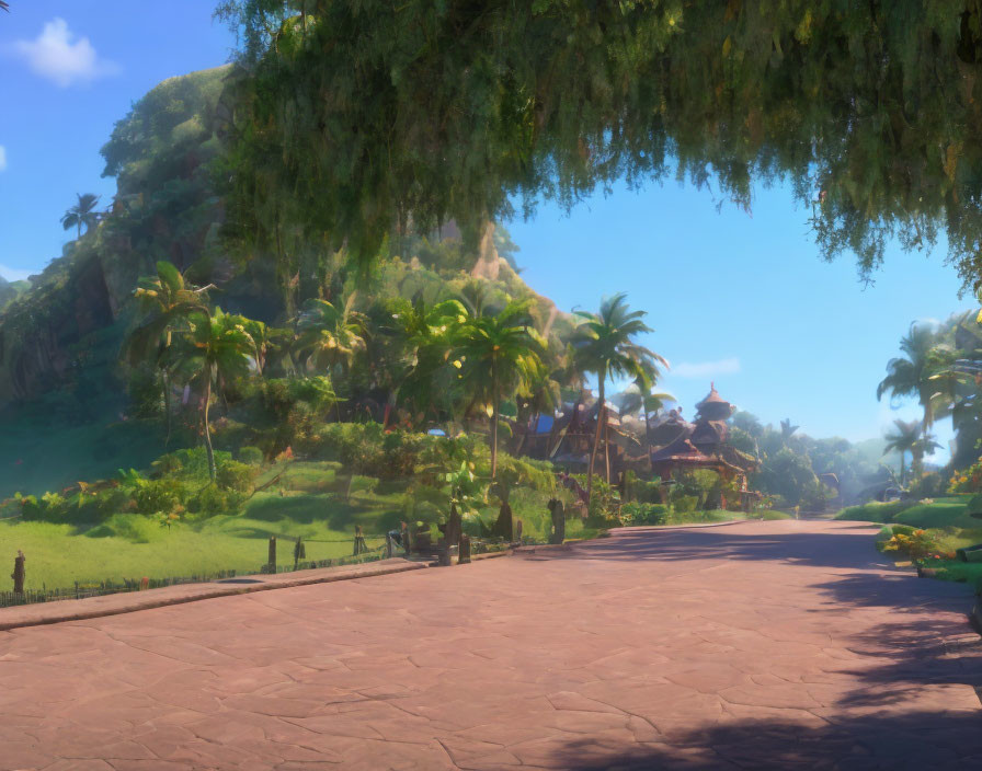 Tranquil Tropical Village Path with Palm Trees and Mountains