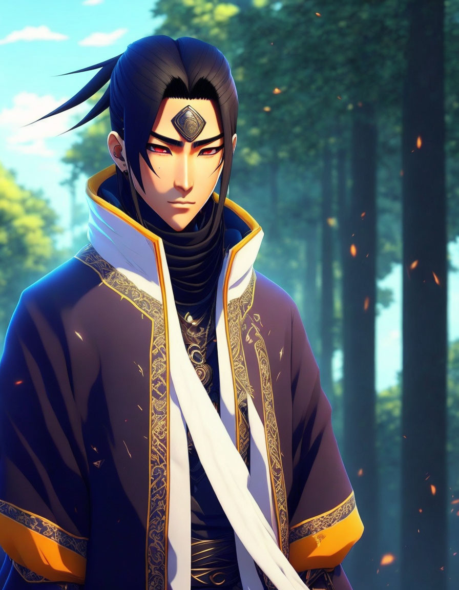 Stern male anime character with topknot and headband in traditional attire