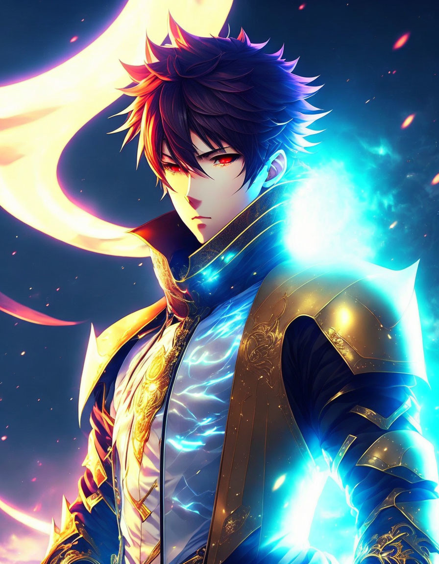 Illustrated character with spiky red hair in ornate blue and gold armor against dark backdrop