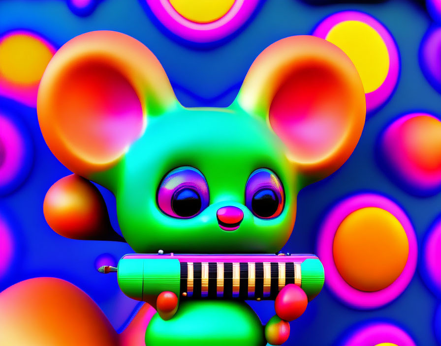 Colorful 3D cartoon mouse with harmonica in vibrant setting