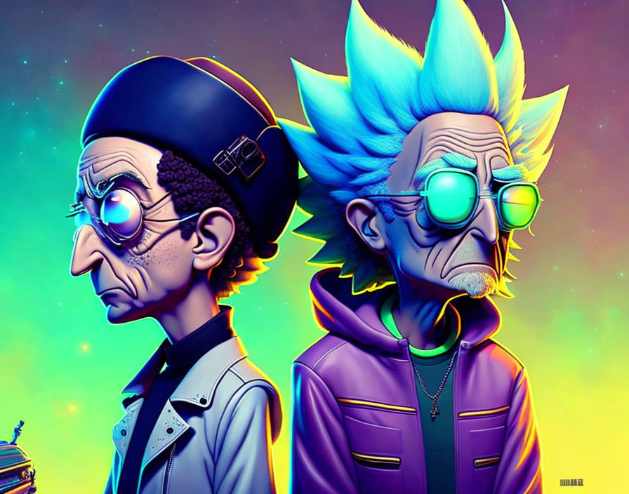 Stylized male characters with exaggerated features in cosmic setting