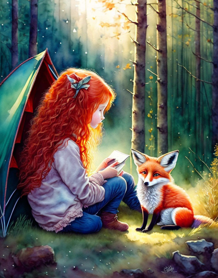 Red-haired girl reading by tent in forest with curious fox