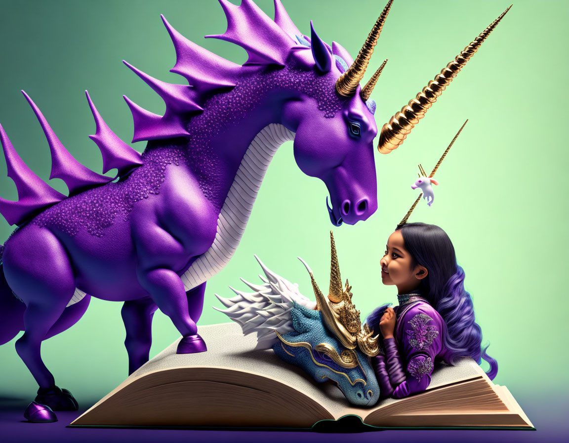 Girl interacts with colorful fantasy scene: purple unicorn & flying creature