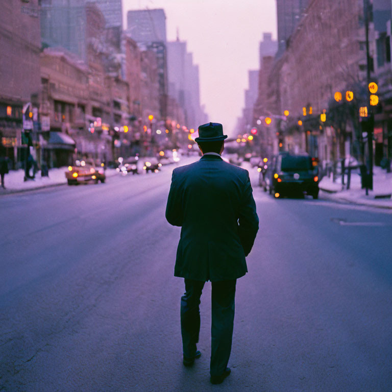 Man in hat and coat walks snowy city street at dusk/dawn