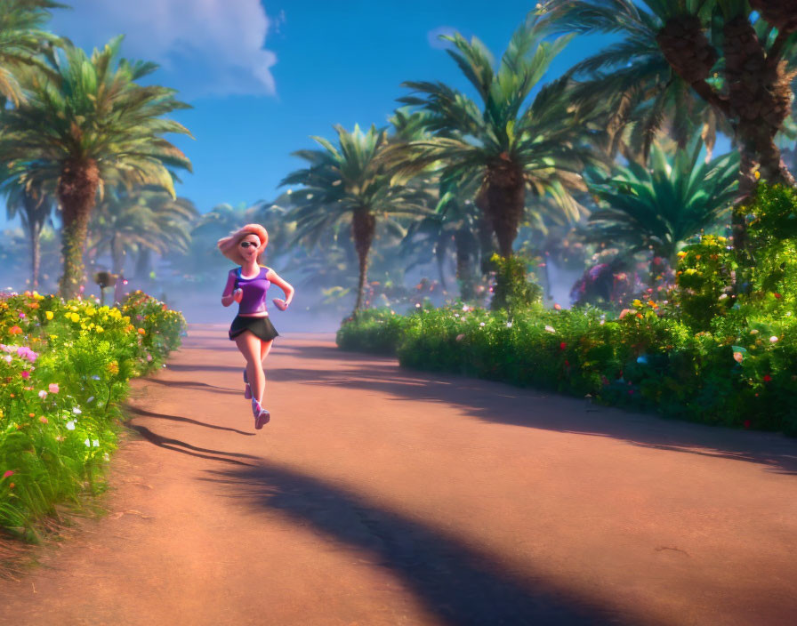 Serene woman jogging on palm-lined path with colorful flowers