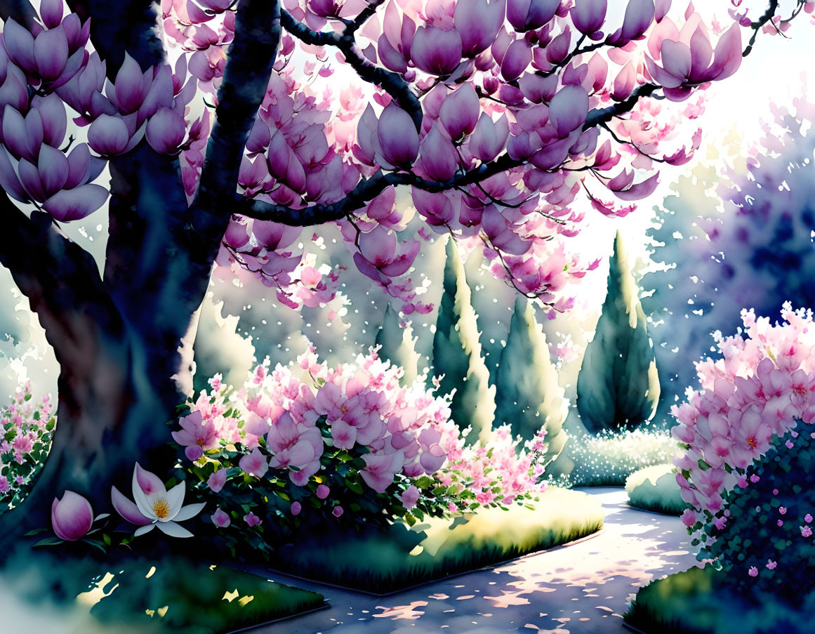 Tranquil Garden Scene: Magnolia Trees, Petals, Greenery, Snowfall