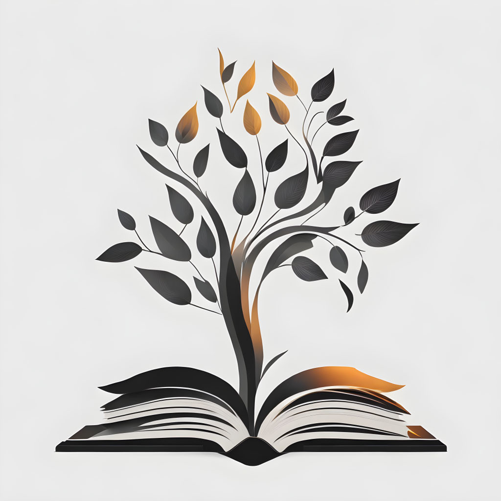 Open book pages transform into stylized tree with black and gold leaves on white background