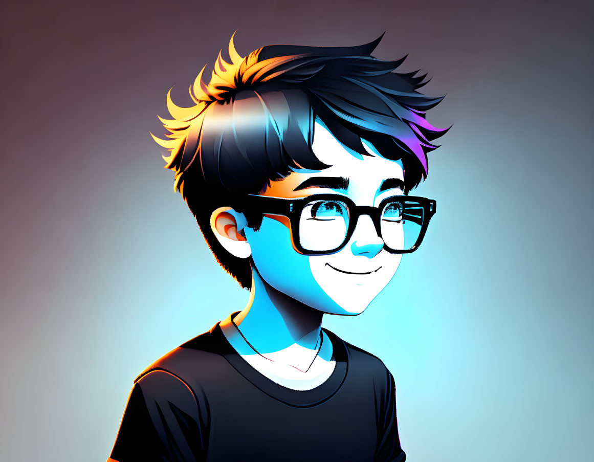 Smiling young person with glasses and blue highlighted hair on warm gradient background