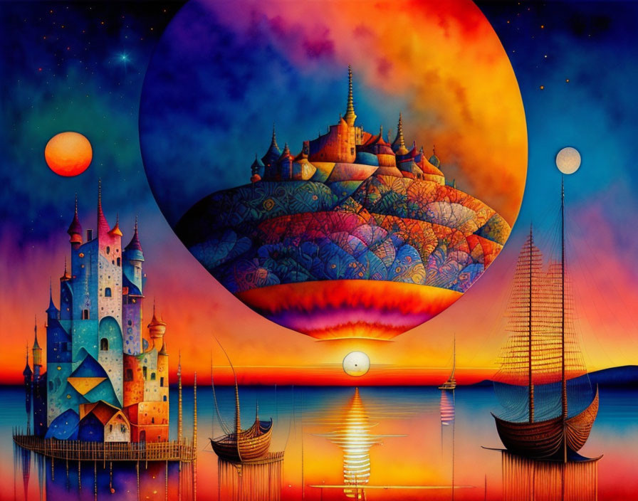 Colorful surreal artwork: castle, boats, floating island, temples, starry sky