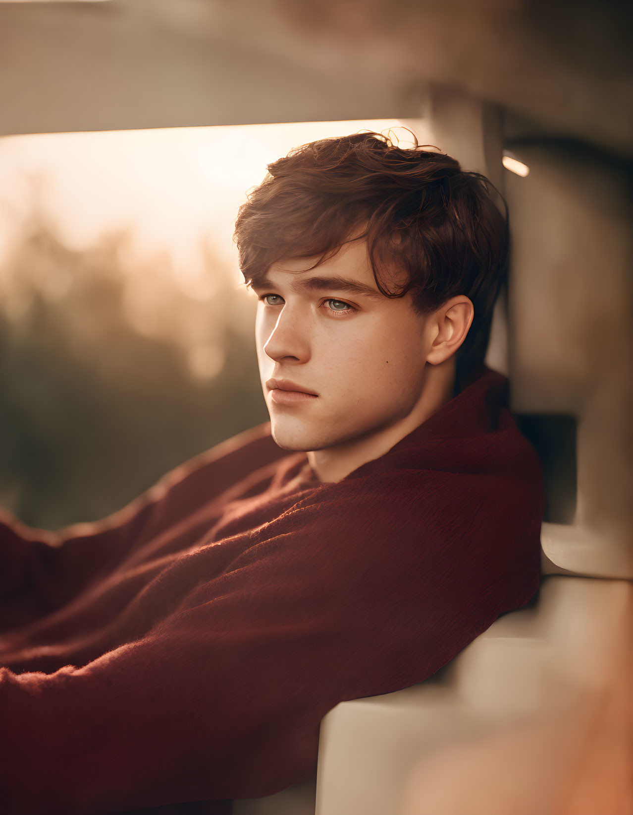 Young person in red hoodie with tousled hair in sunset glow