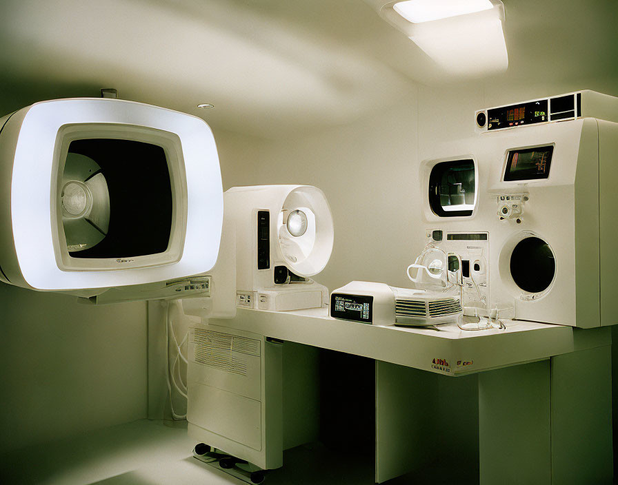 Sterile medical room with MRI machine and cream color scheme