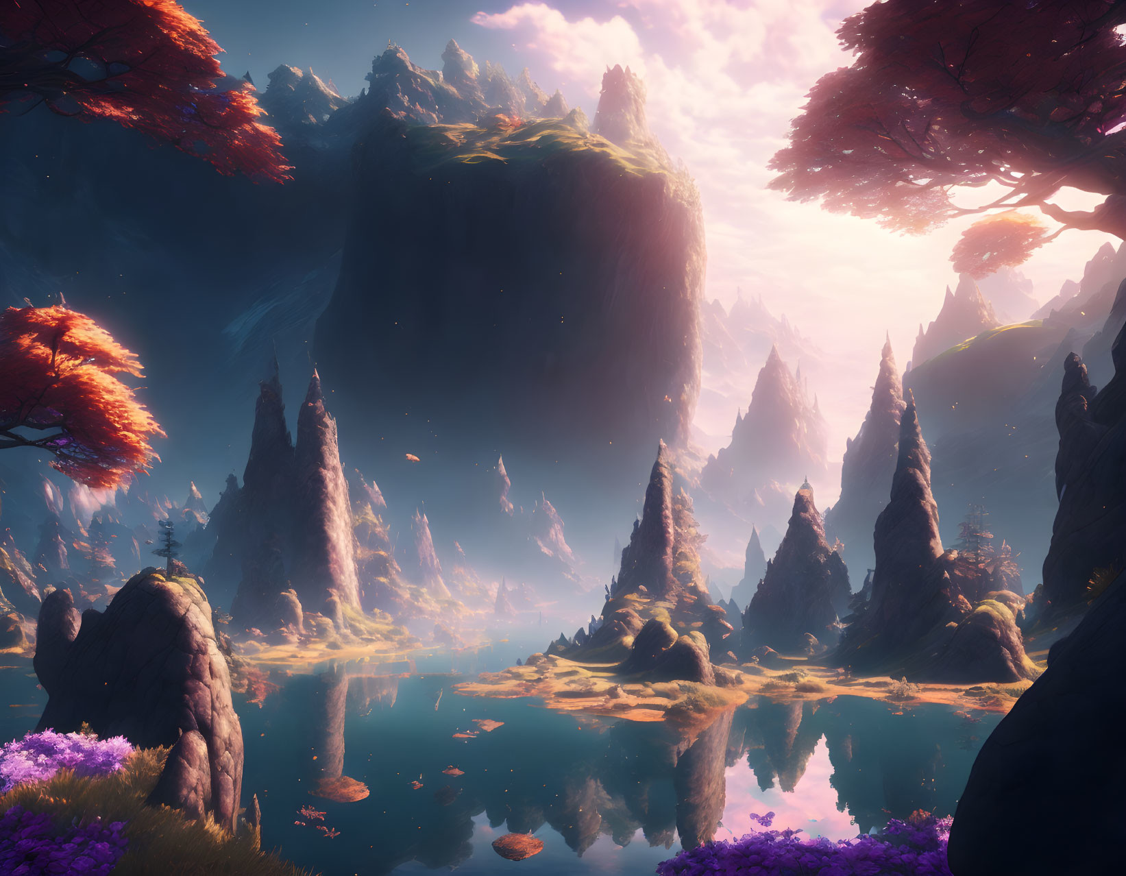 Vibrant mystical landscape with floating mountains and pink trees