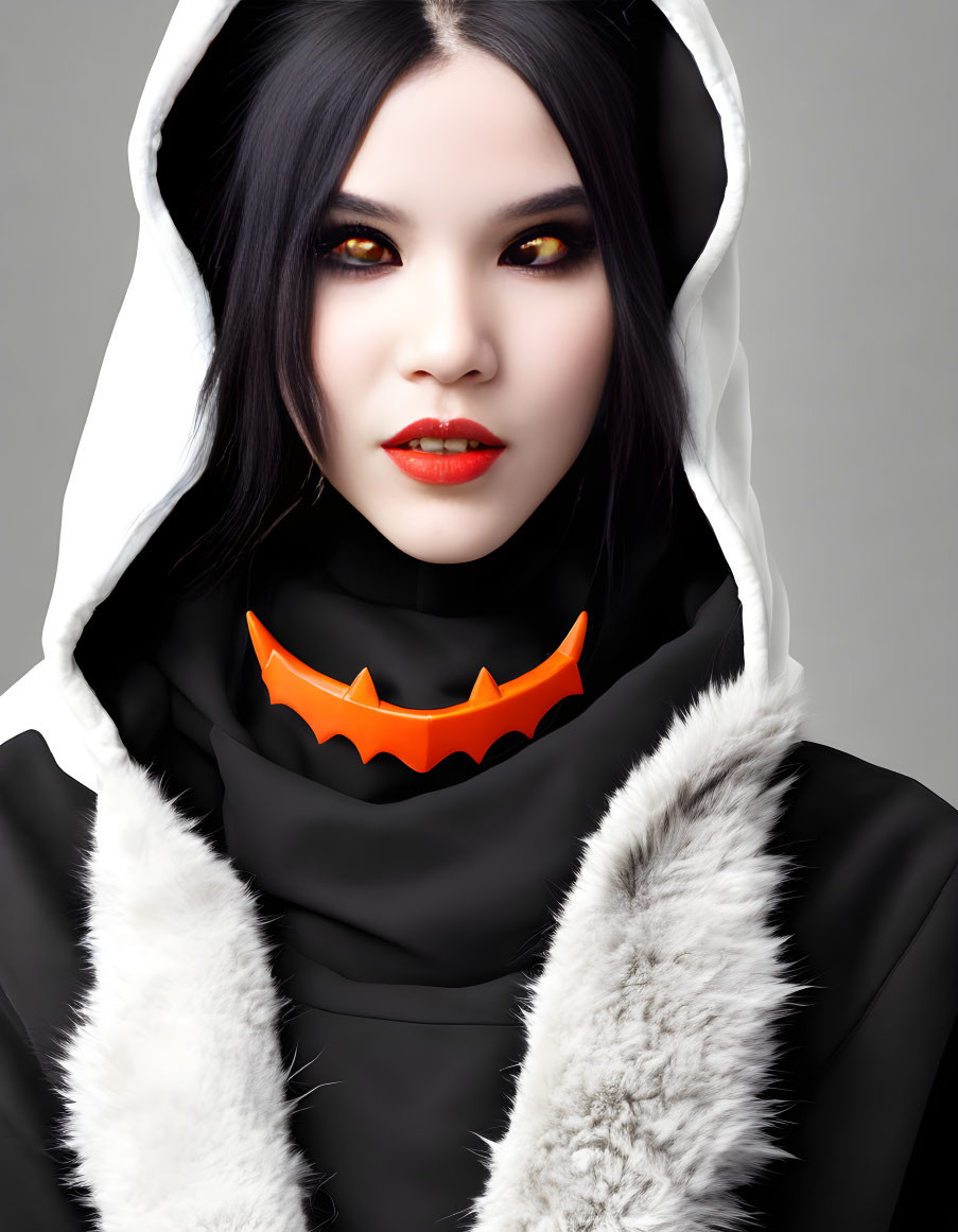 Pale-skinned person with dark hair and red lipstick wearing a hood and bat necklace, yellow eyes,