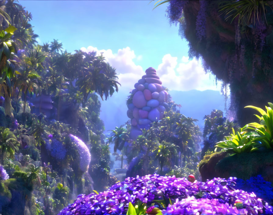 Lush purple flora in vibrant animated landscape