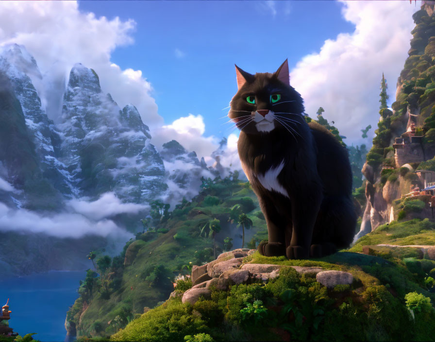 Black Cat with White Snout on Grass Ledge in Fantasy Landscape