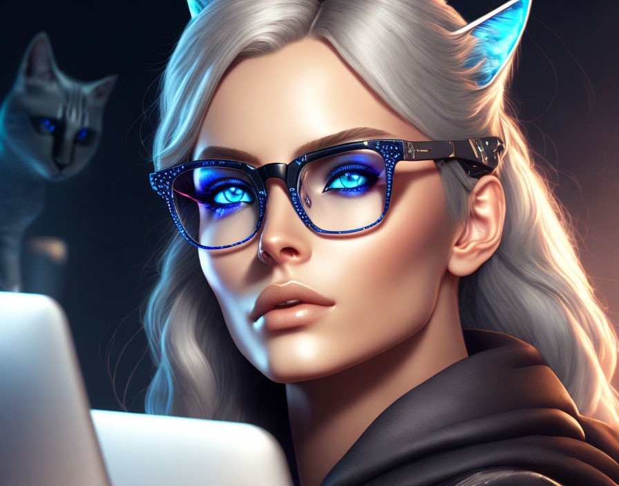 Digital artwork featuring woman with cat-like ears and blue glasses, with cat in background