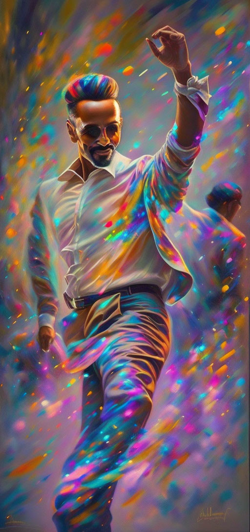 Colorful painting of man dancing with raised hand and vibrant background