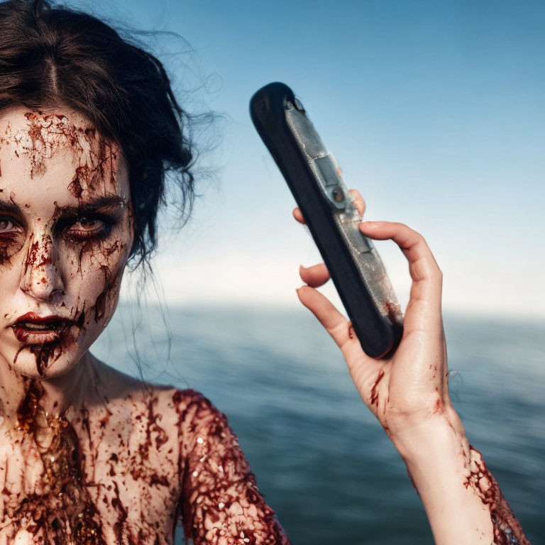 Dramatic blood-like makeup person with cell phone by the sea