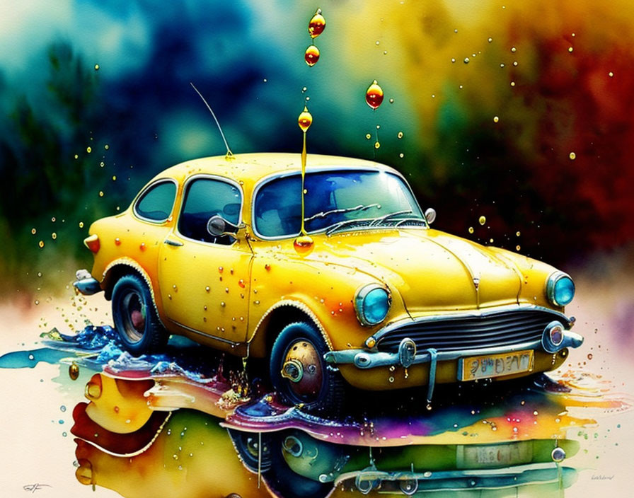 Colorful watercolor painting of vintage car with splashes on abstract background