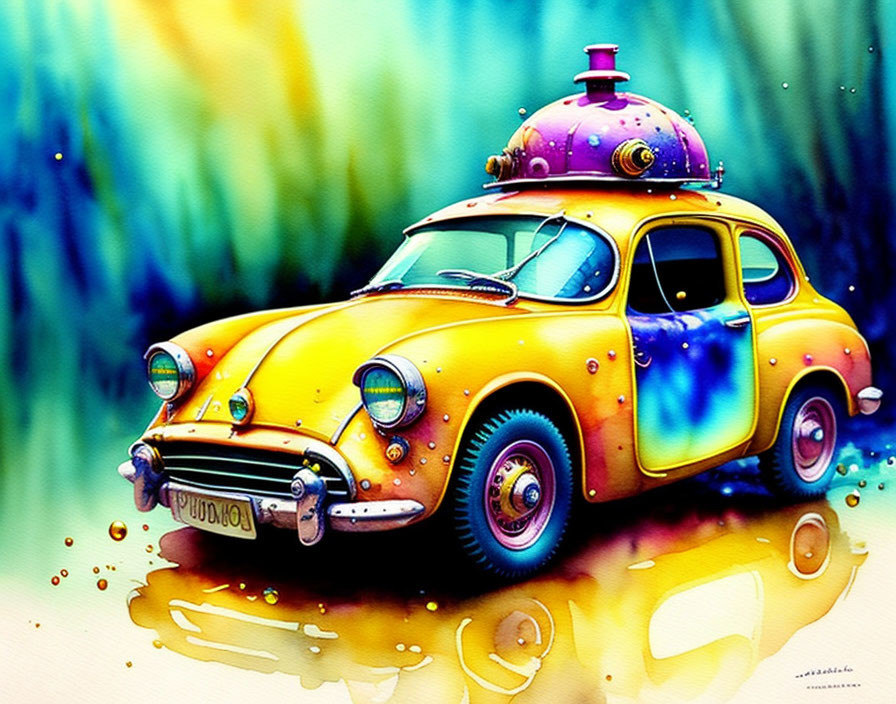 Whimsical yellow car with purple hat roof in vibrant watercolor