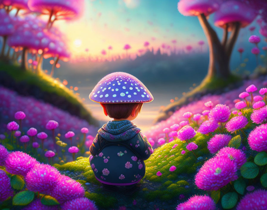 Child with Mushroom Cap in Whimsical Landscape with Mushroom Trees and Pink Flora