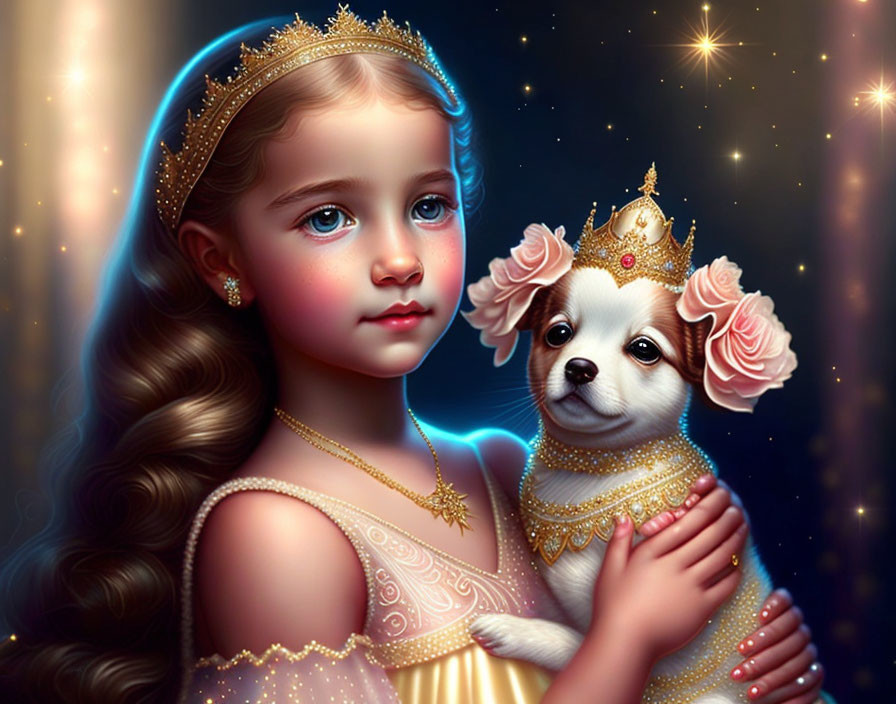 Digital artwork featuring young girl with crown and crowned puppy surrounded by roses on starry backdrop