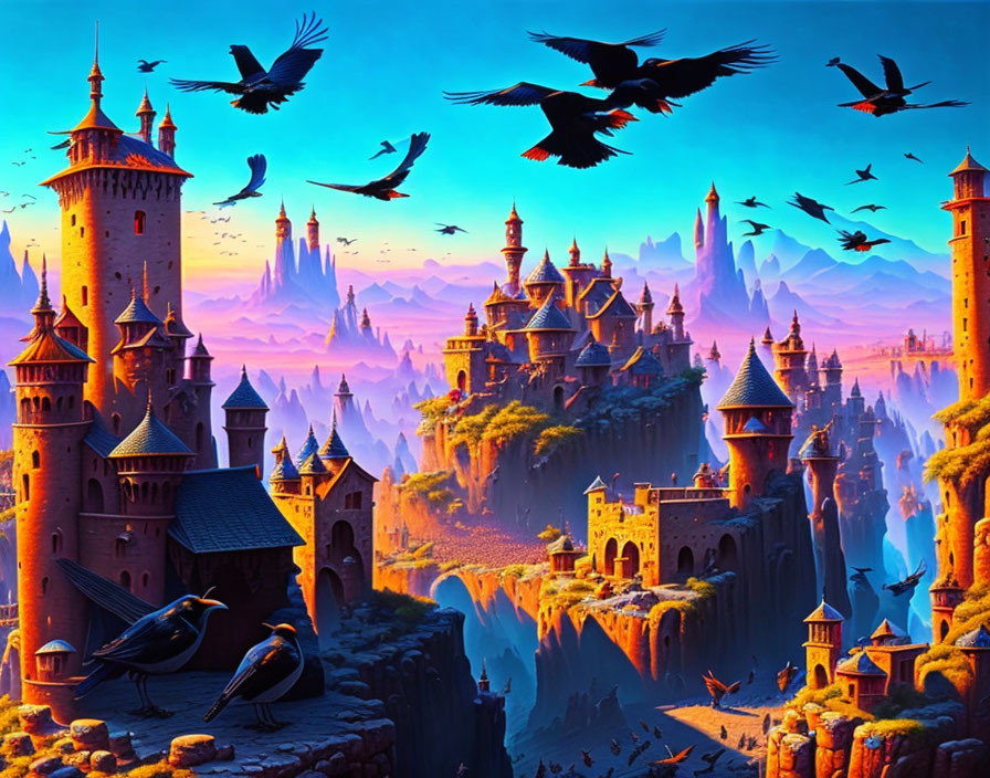 Majestic castles, ravens, and mystic mountains in vibrant fantasy landscape