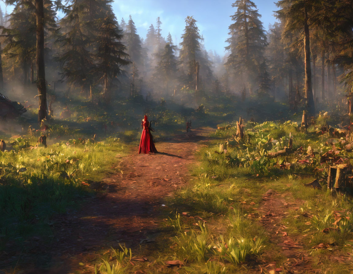 Person in red cloak on misty forest path among sunlit trees