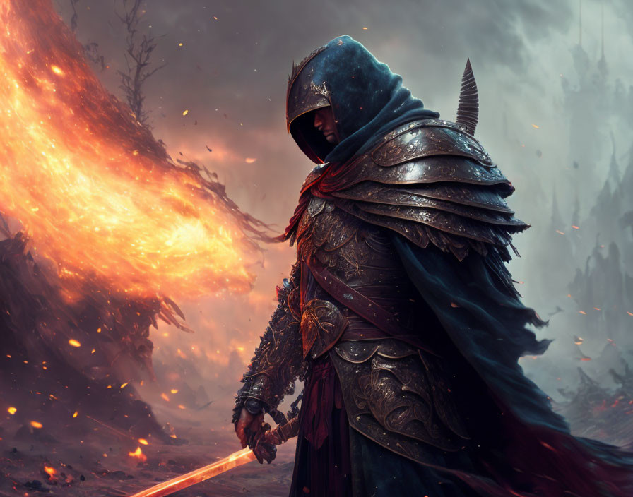 Cloaked warrior with glowing sword in fiery explosion scene