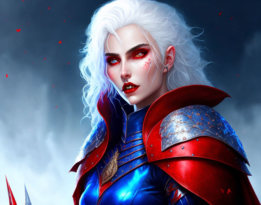 Digital portrait: Fierce woman in white hair, red eyes, ornate red and blue armor,