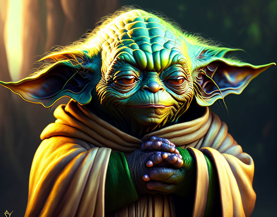 Detailed illustration of Yoda from Star Wars with large expressive eyes in a brown robe calmly joining hands.