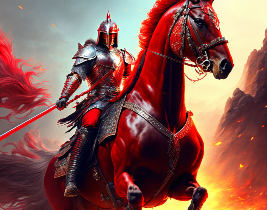 Knight in Shining Armor on Majestic Red Horse in Fiery Scene