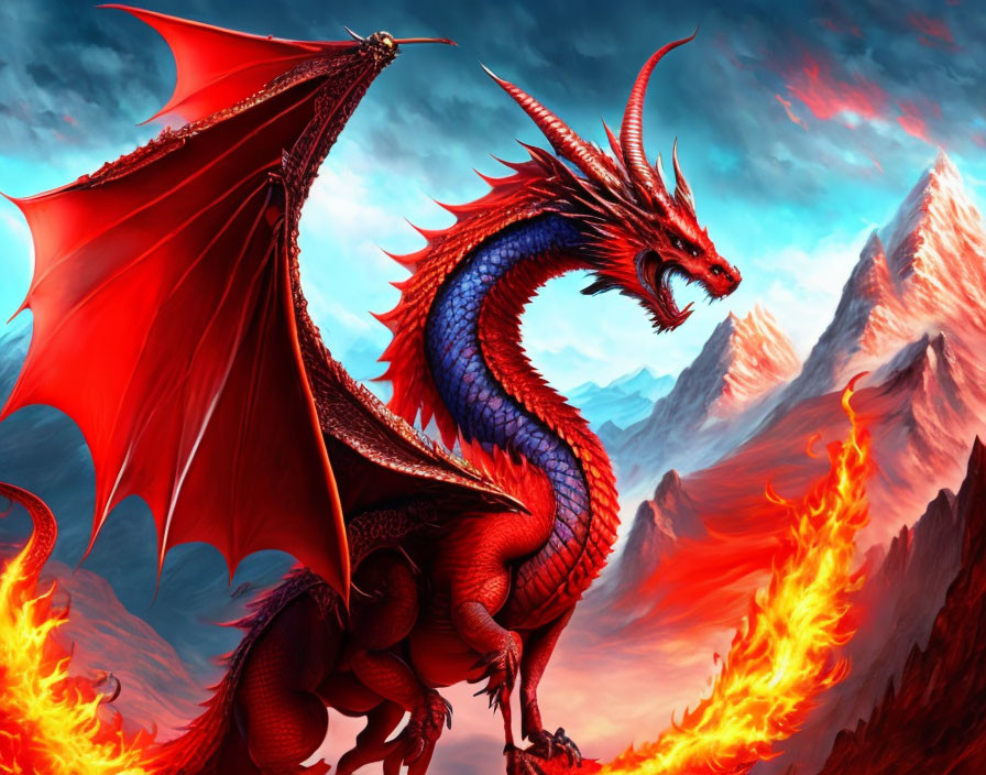 Majestic red dragon in fiery landscape with mountains under dramatic sky