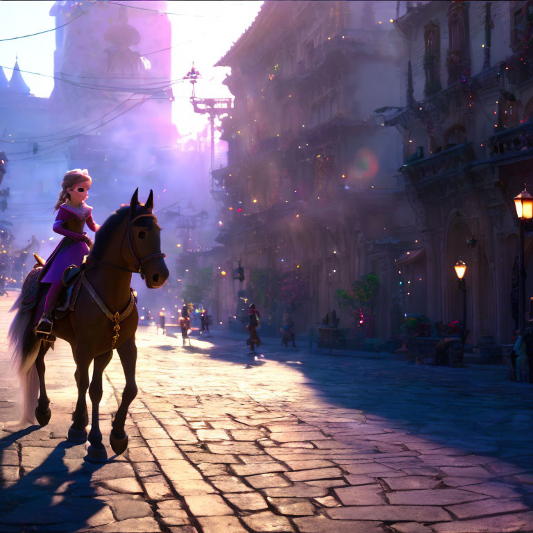 Animated character on horse in bustling cobblestone street at dusk